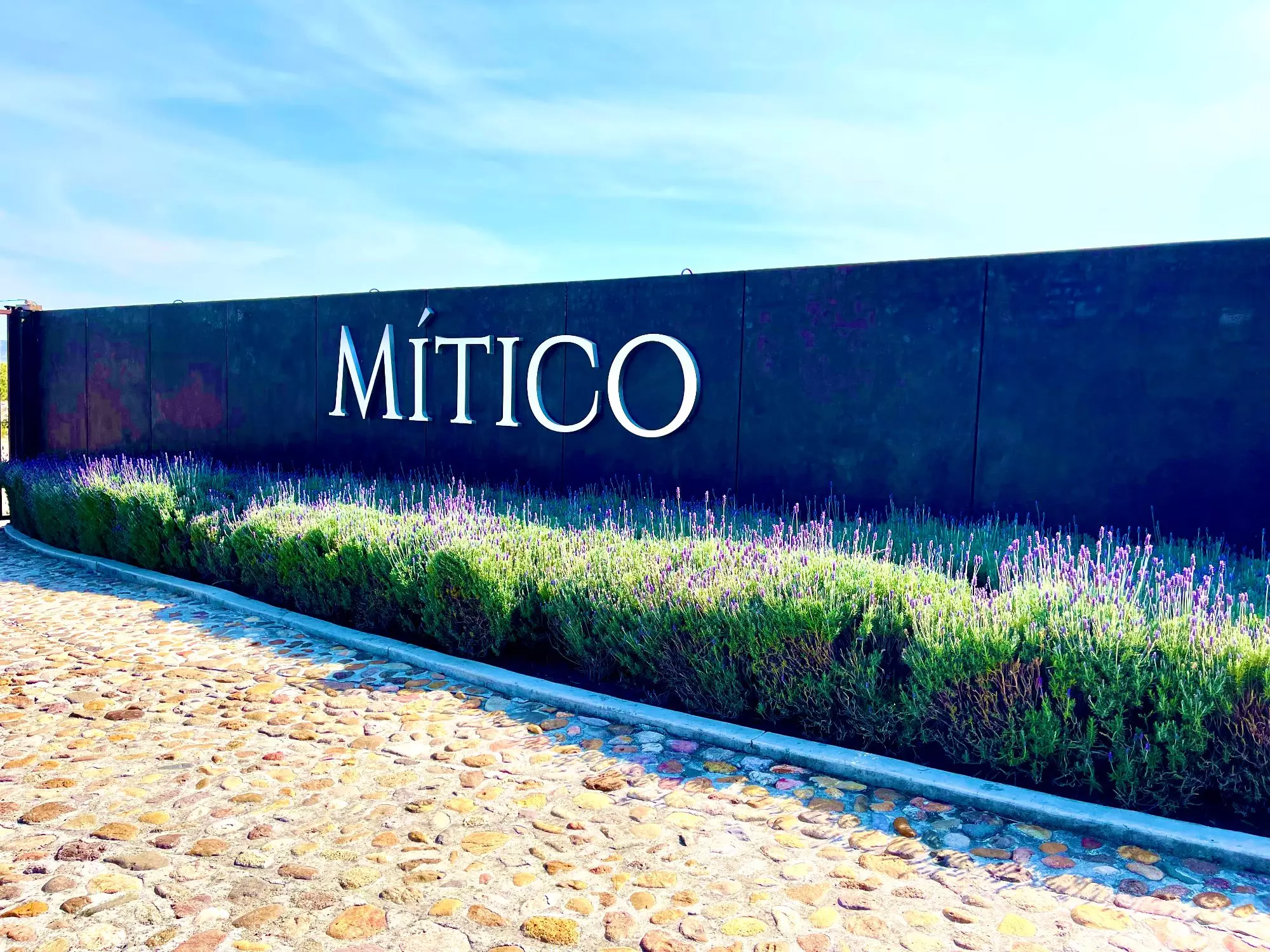 Large 'MITICO' letters on a dark wall, with lavender shrubs in front and a stone-paved path under a blue sky.